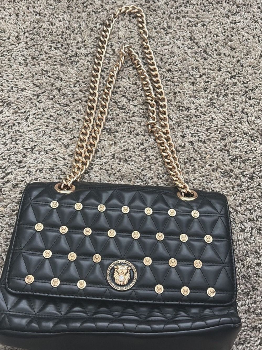Aldo Black Quilted Satchel with Gold Chain and Medallion Accents